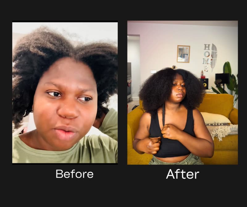 The founder’s documented hair journey, shown as before and after photographs