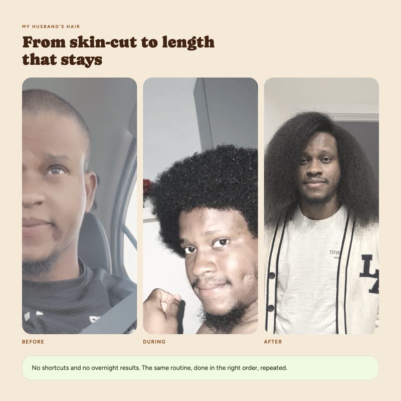 A documented hair journey shown as before, during and after photographs